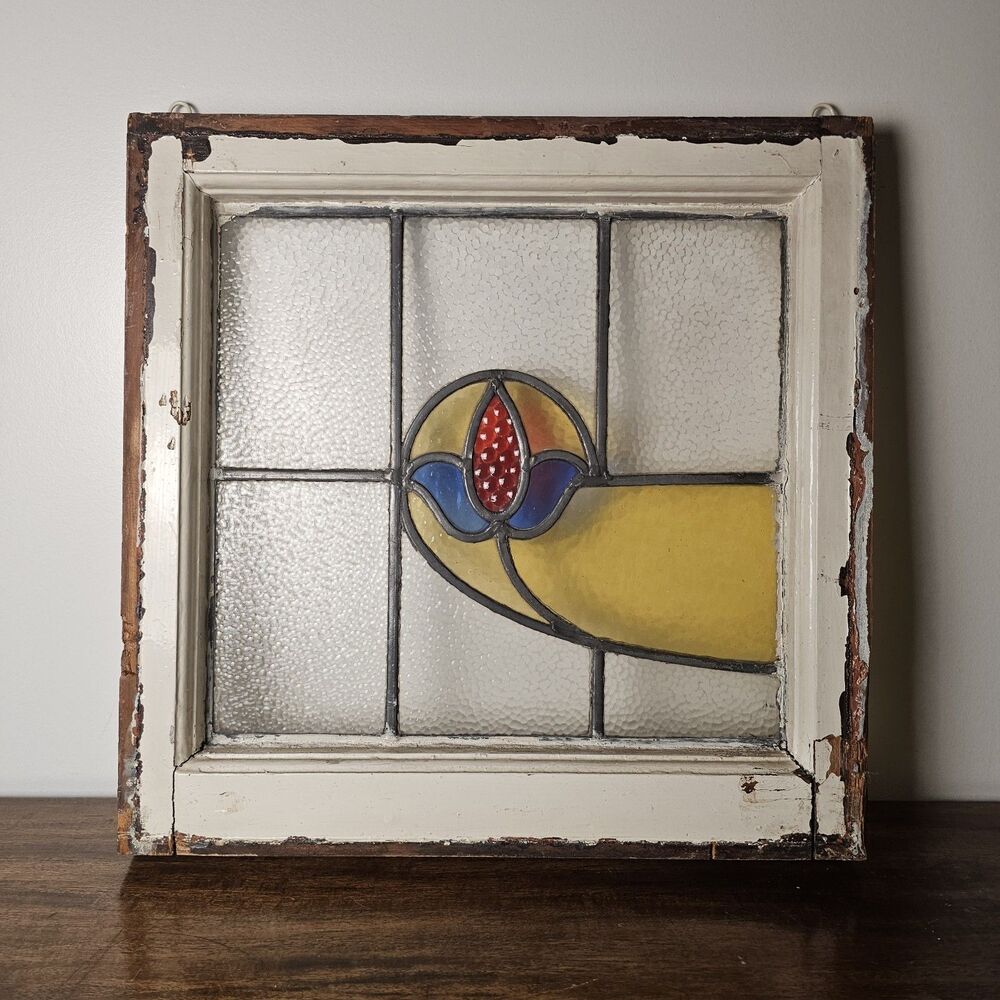 Antique Leaded & Stained Glass Floral Window – Art Nouveau Style - 18x18"